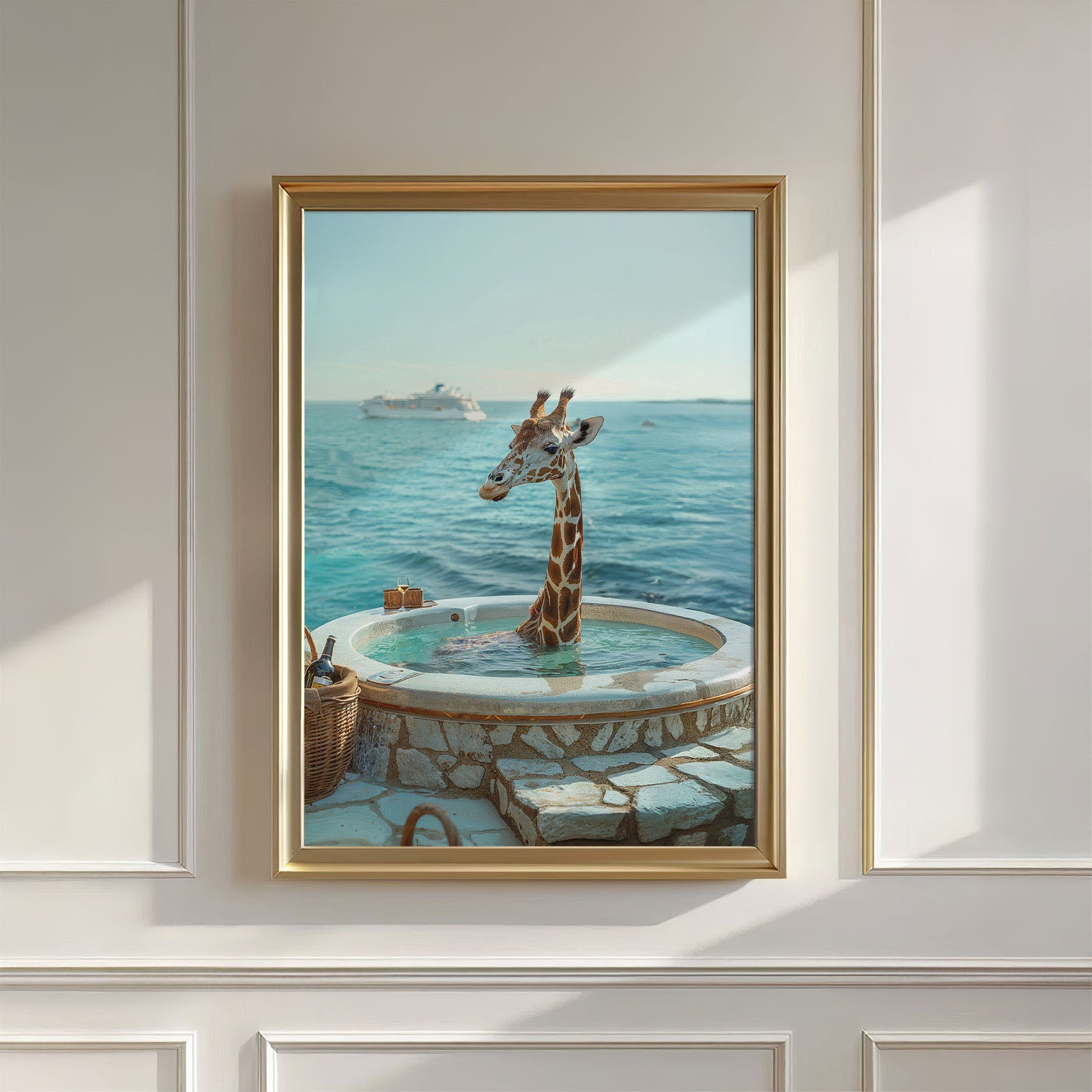 Giraffe In Hot Tub, Vertical – Mooon Gallery