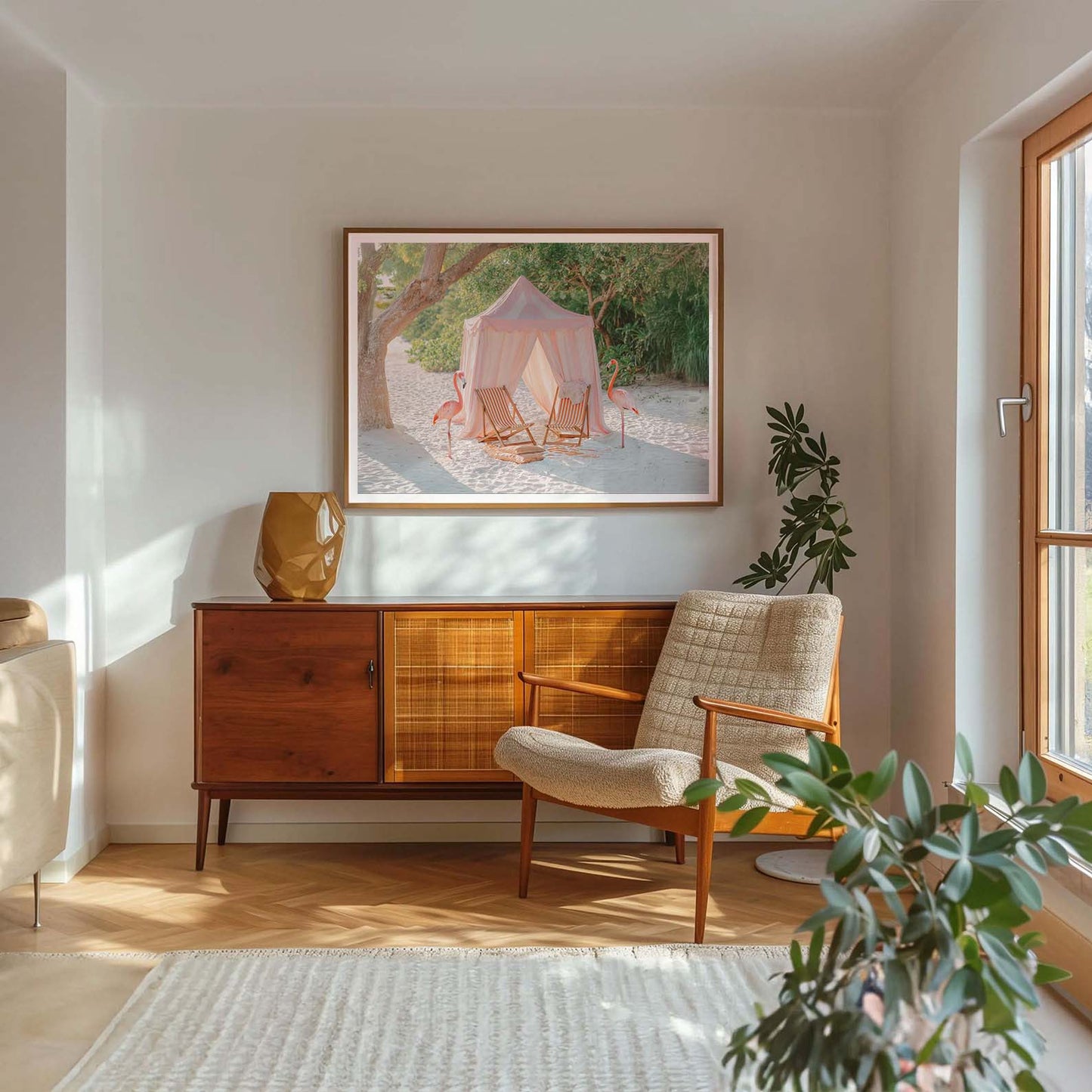 Beach Flamingos, Horizontal, Framed Art