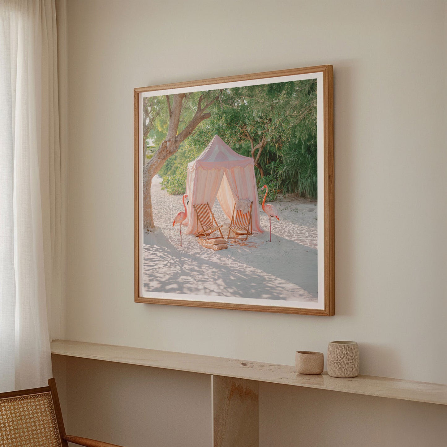 Beach Flamingos, Square, Framed Art