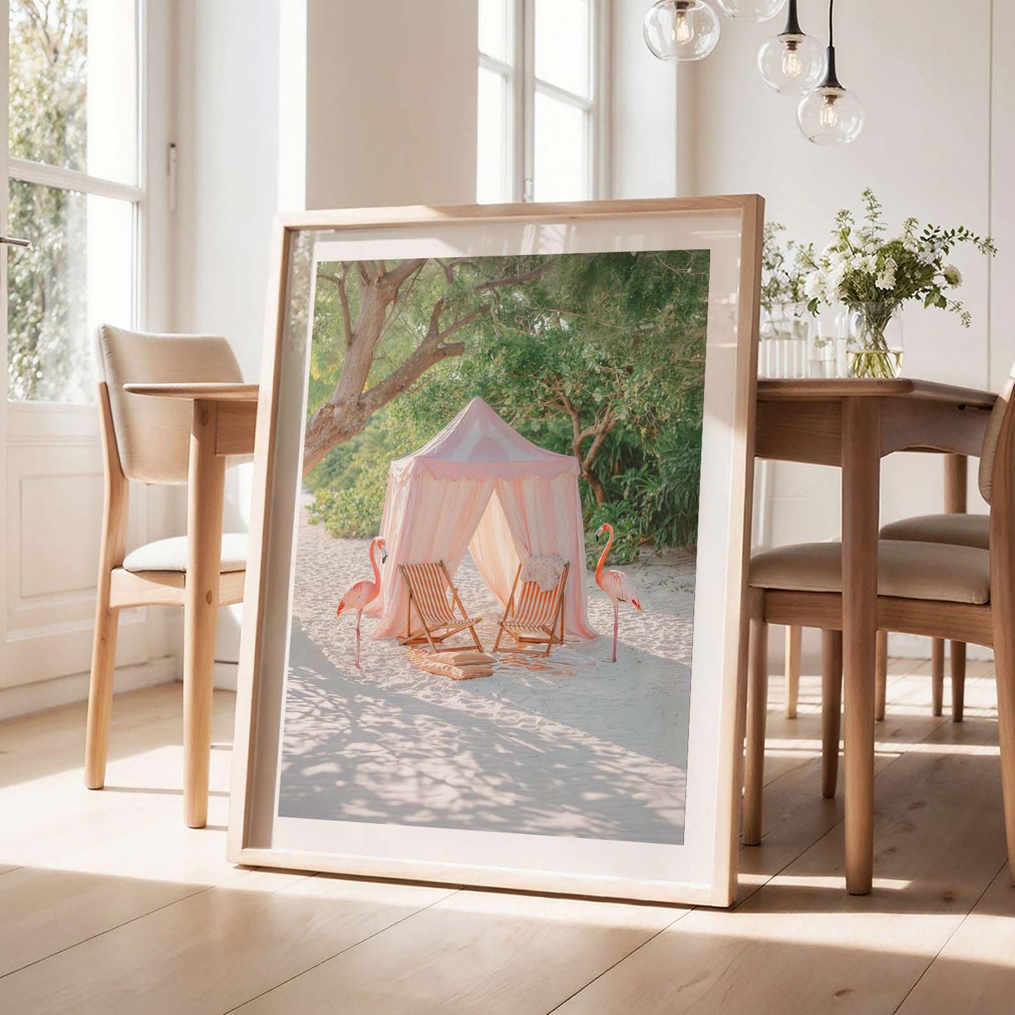 Beach Flamingos, Vertical, Framed Art