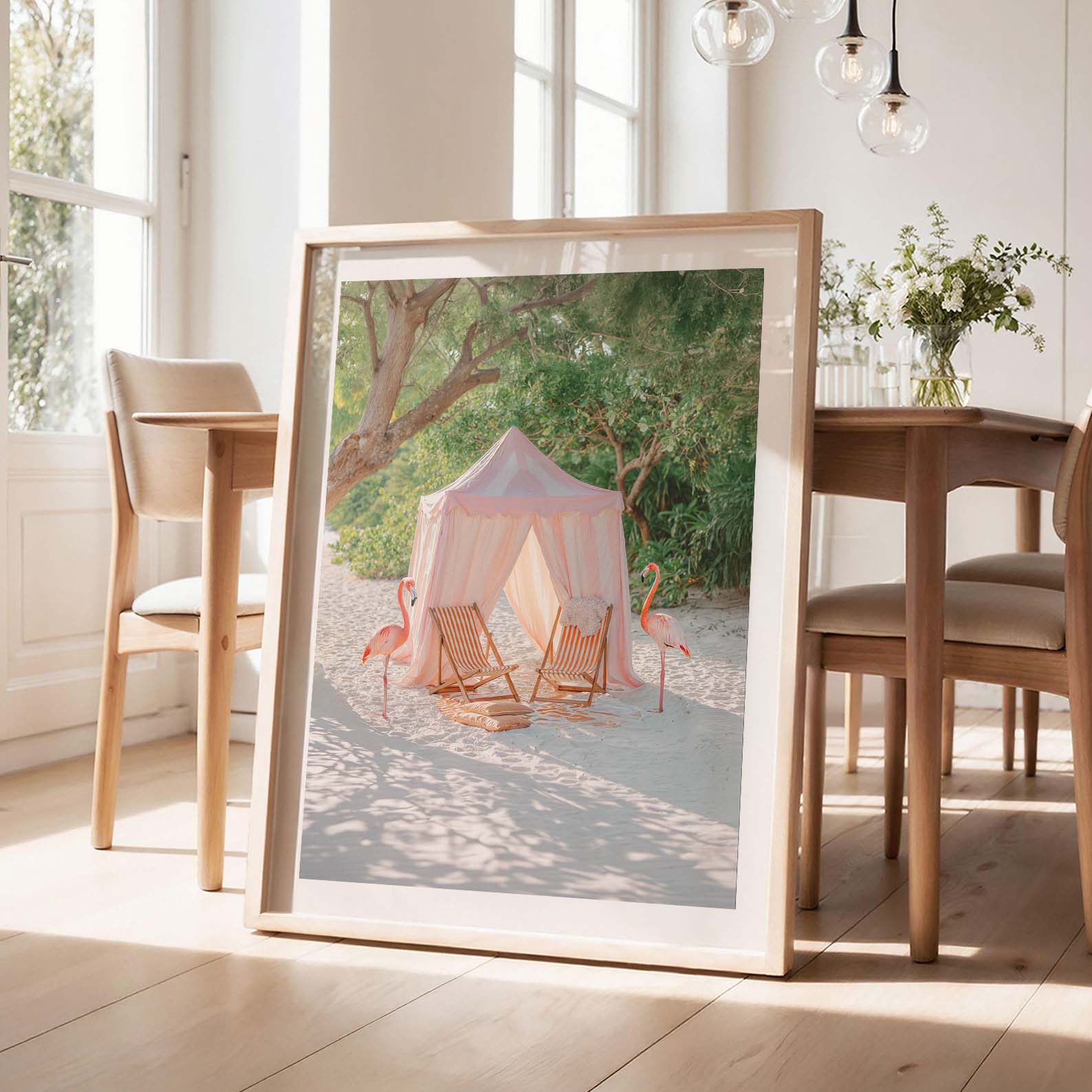 Beach Flamingos, Vertical, Framed Art