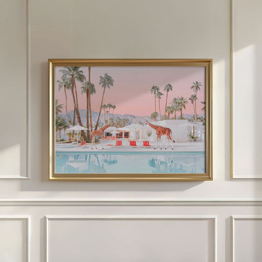 California Giraffes By The Pool, Horizontal, Wall Art