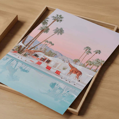 California Giraffes By The Pool, Vertical, Art Print