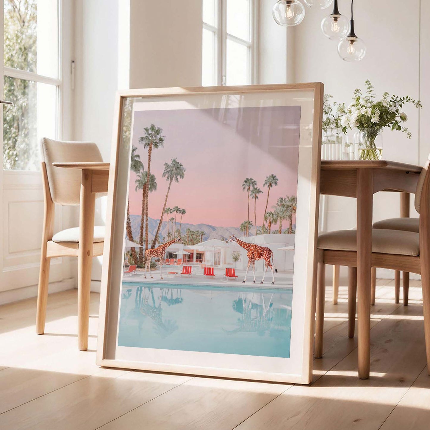 California Giraffes By The Pool, Vertical, Framed Art