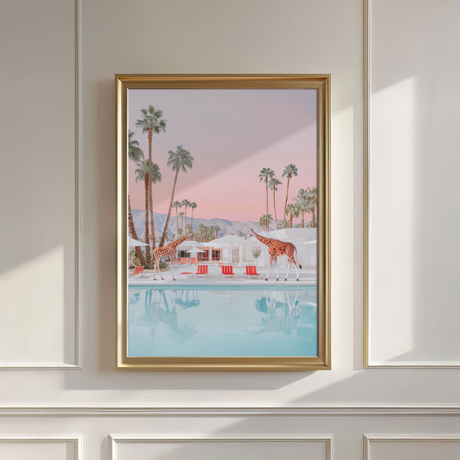 California Giraffes By The Pool, Vertical, Wall Art