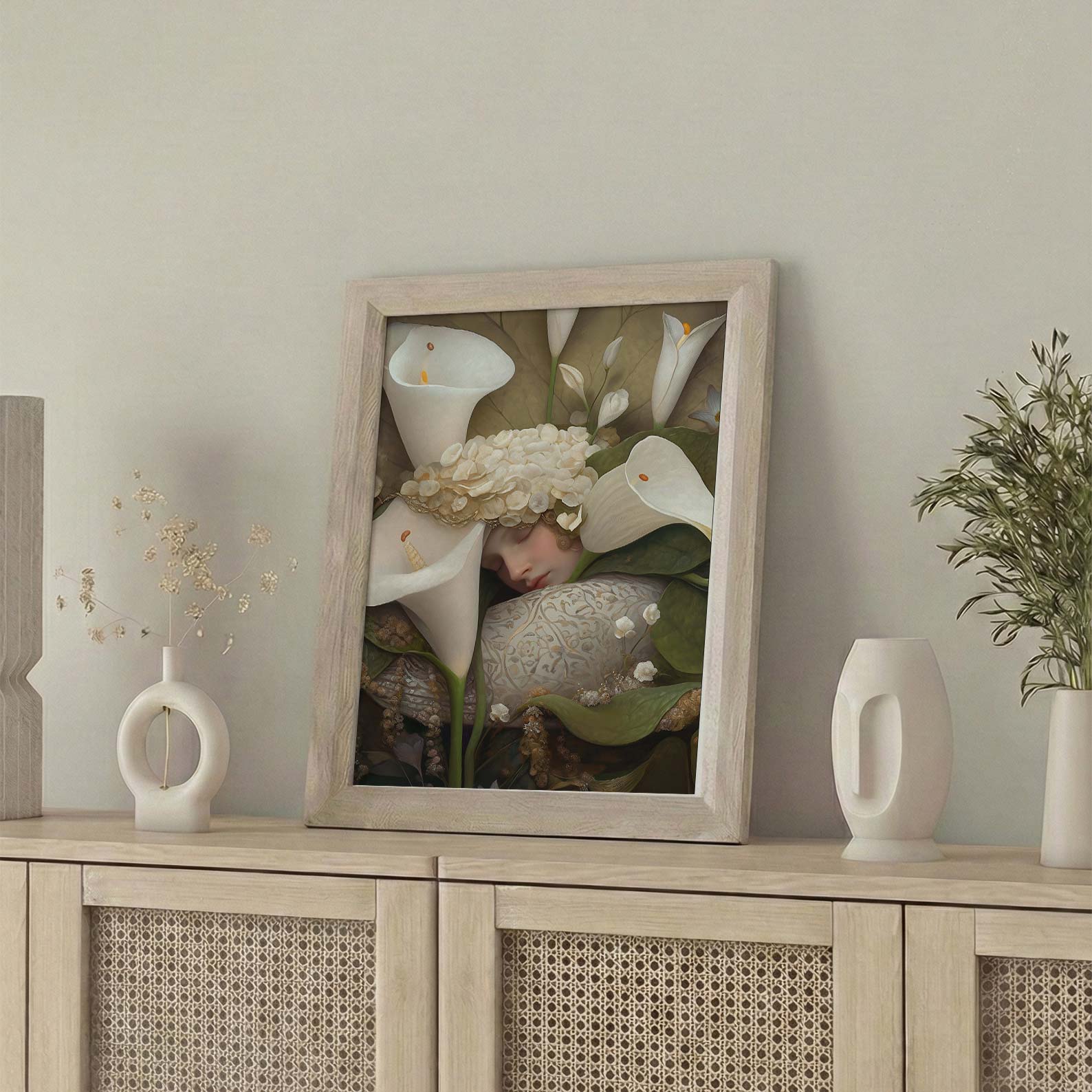 Framed Wall Art Of Dreaming Forest Nymph In Floral Bloom I, Vertical