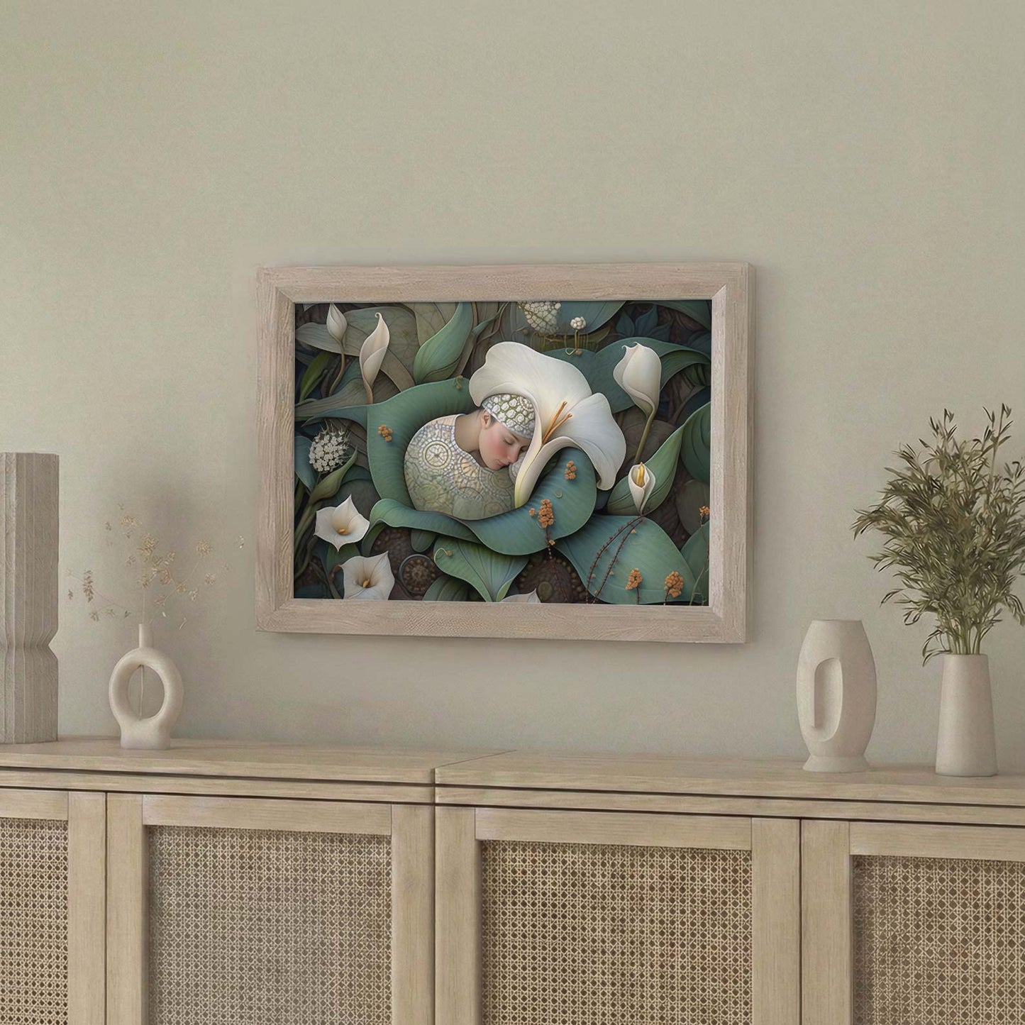 Framed Wall Art Of Dreaming Forest Nymph In Floral Bloom II, Horizontal