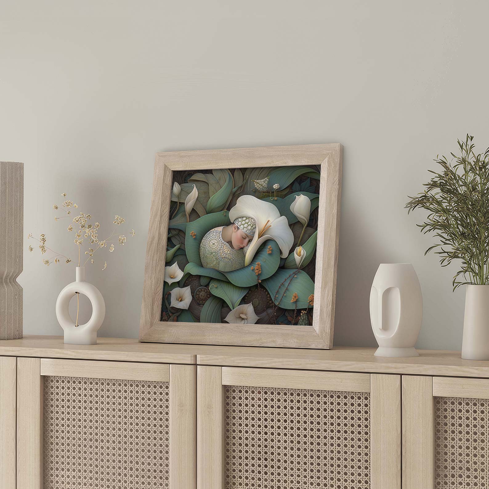 Framed Wall Art Of Dreaming Forest Nymph In Floral Bloom II, Square