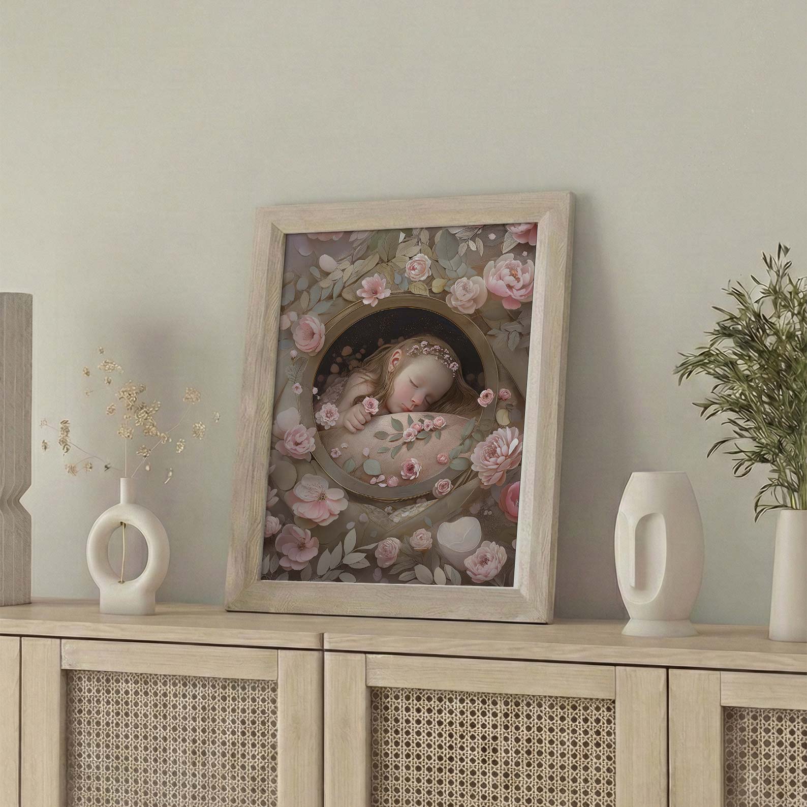 Framed Wall Art Of Ethereal Fairy Sleeping In Floral Shell I, Vertical