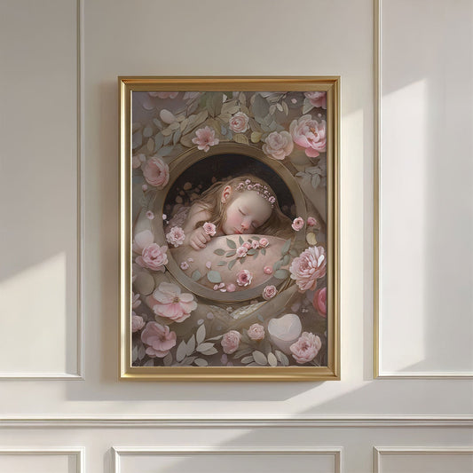Ethereal Fairy Sleeping In Floral Shell I, Wall Art, Vertical