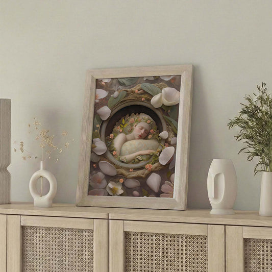 Framed Wall Art Of Ethereal Fairy Sleeping In Floral Shell II, Vertical