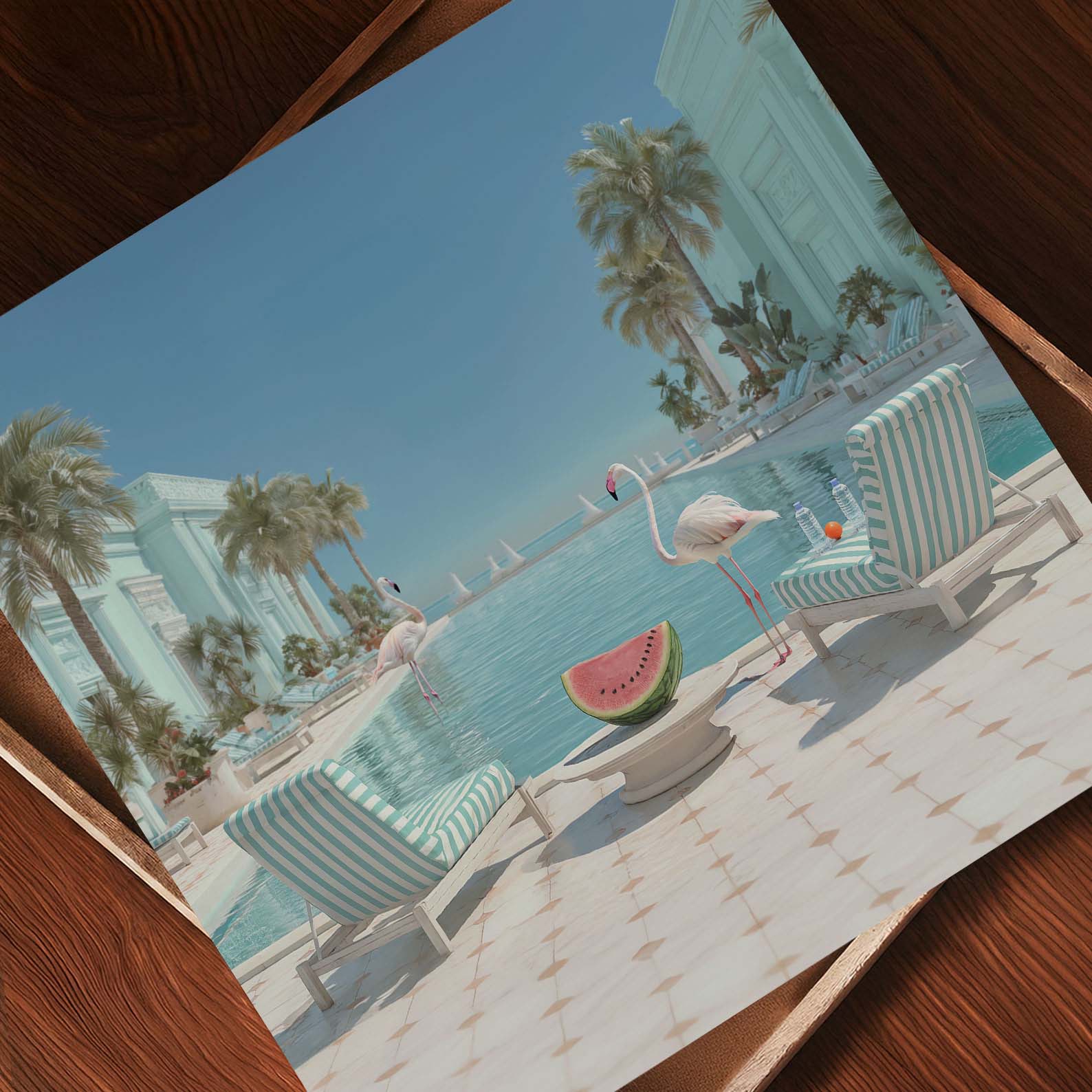 Flamingos Infinity Pool, Square, Art Print