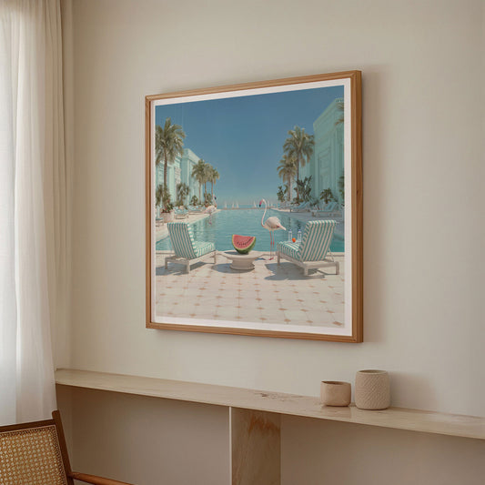 Flamingos Infinity Pool, Square, Framed Art