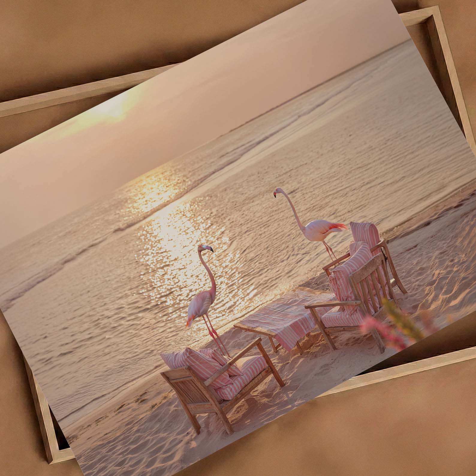 Flamingos At Sunset, Horizontal, Art Print