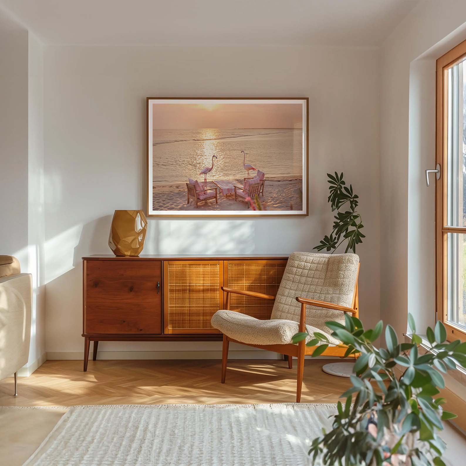 Flamingos At Sunset, Horizontal, Framed Art