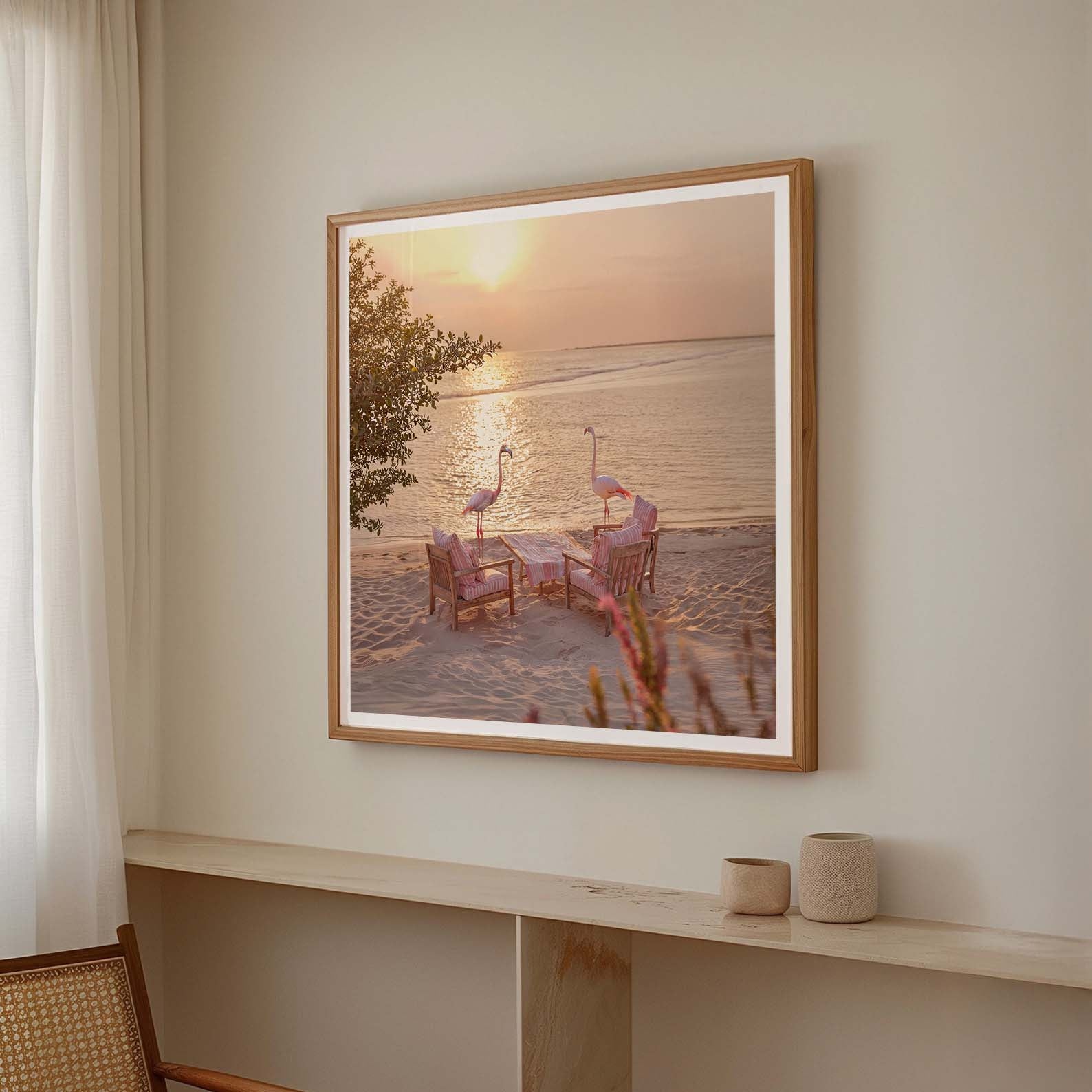 Flamingos At Sunset, Square, Framed Art