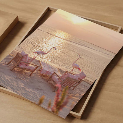 Flamingos At Sunsett, Vertical, Art Print