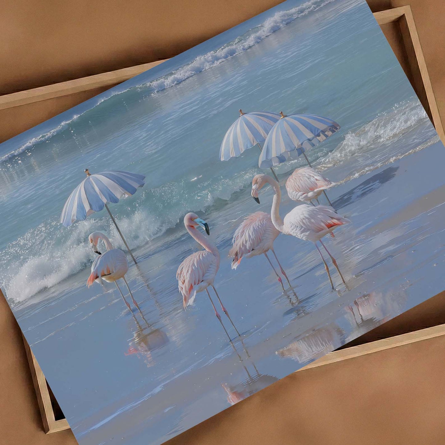 Flamingos By The Coast, Horizontal, Art Print