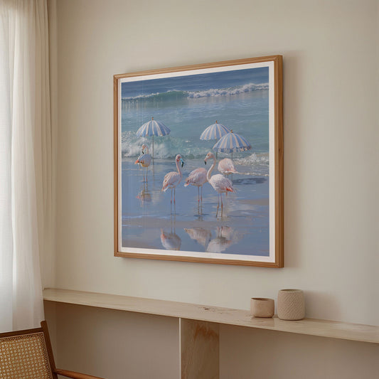 Flamingos By The Coast, Square, Framed Art