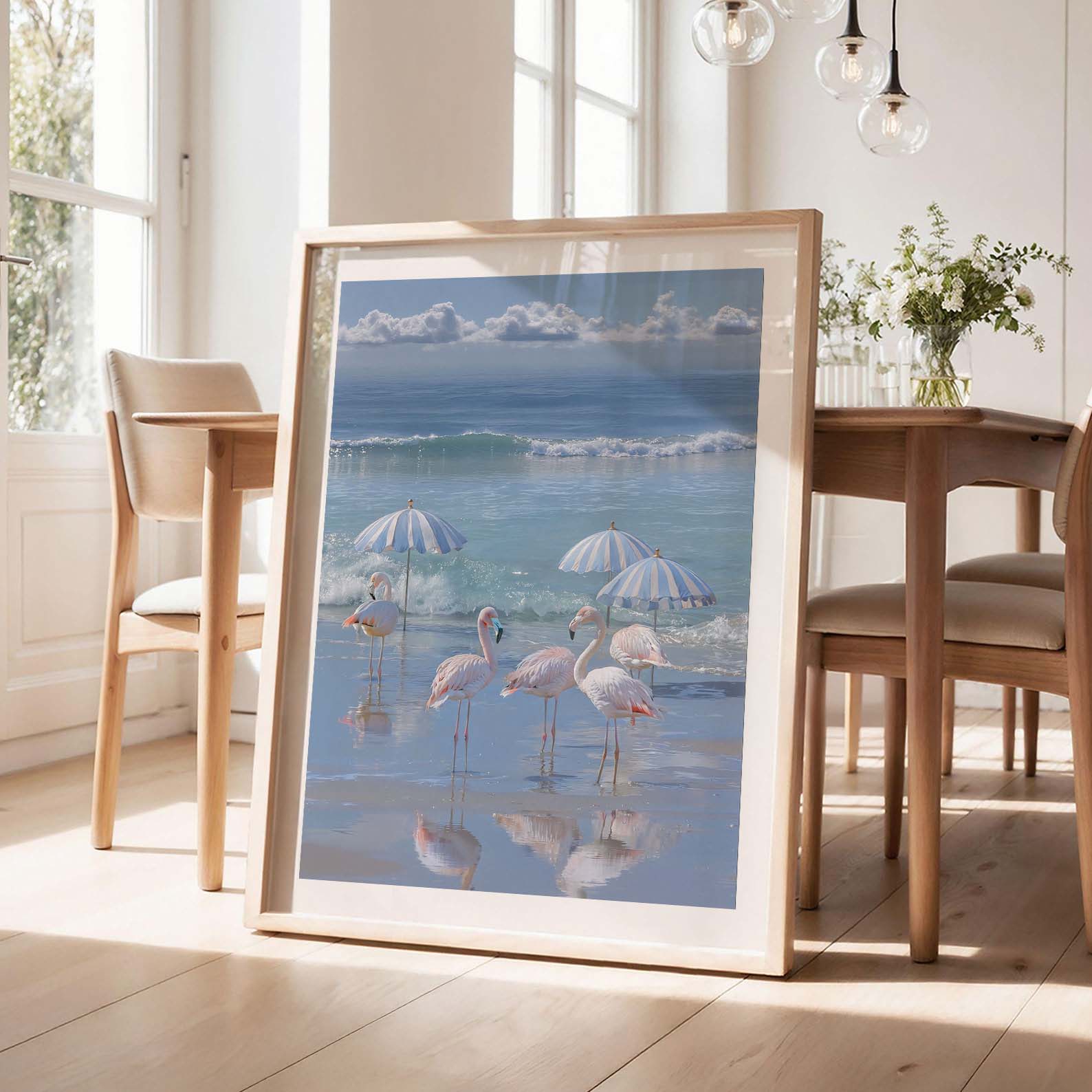 Flamingos By The Coast, Vertical, Framed Art