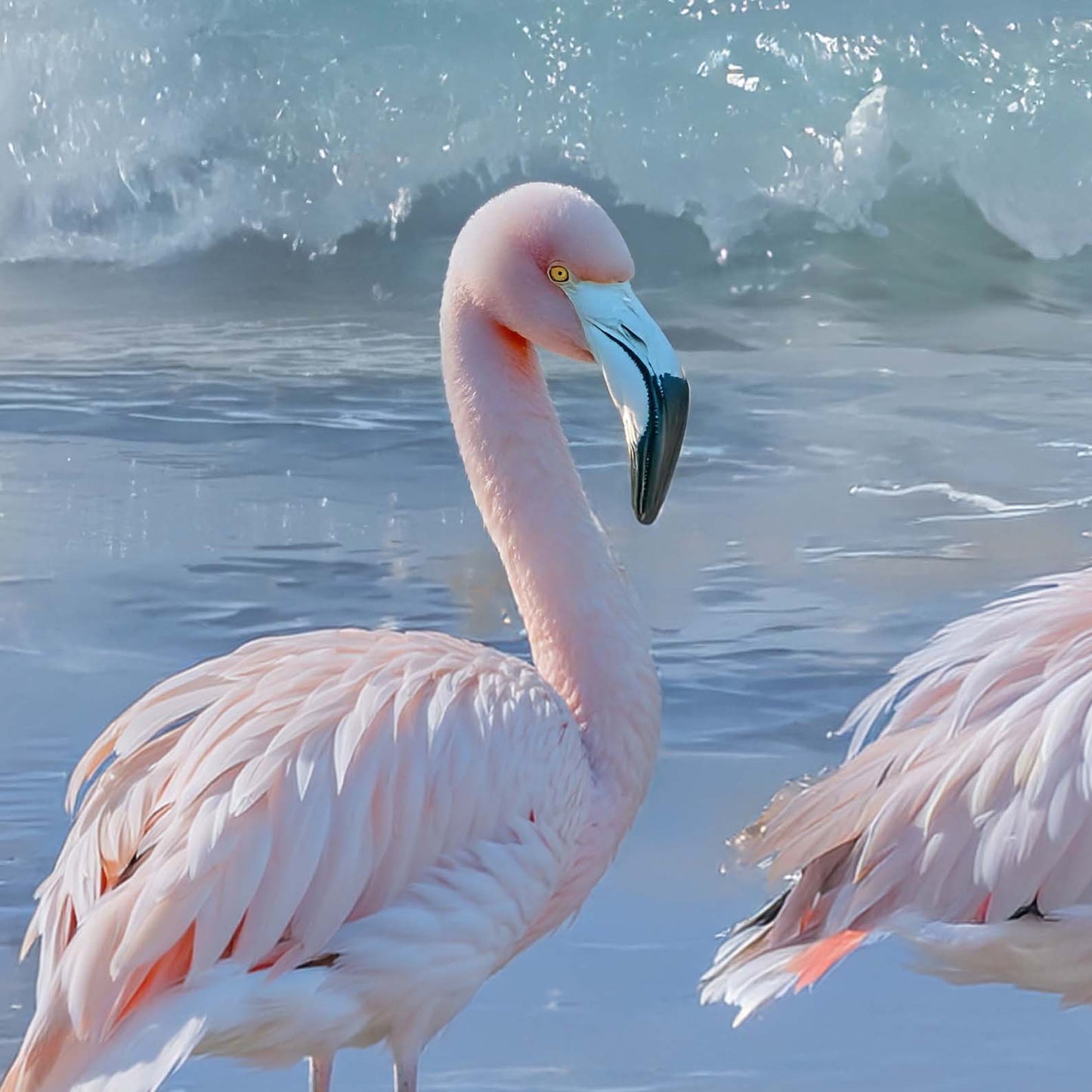 High Definition Print Quality Detail Of Flamingos By The Coast