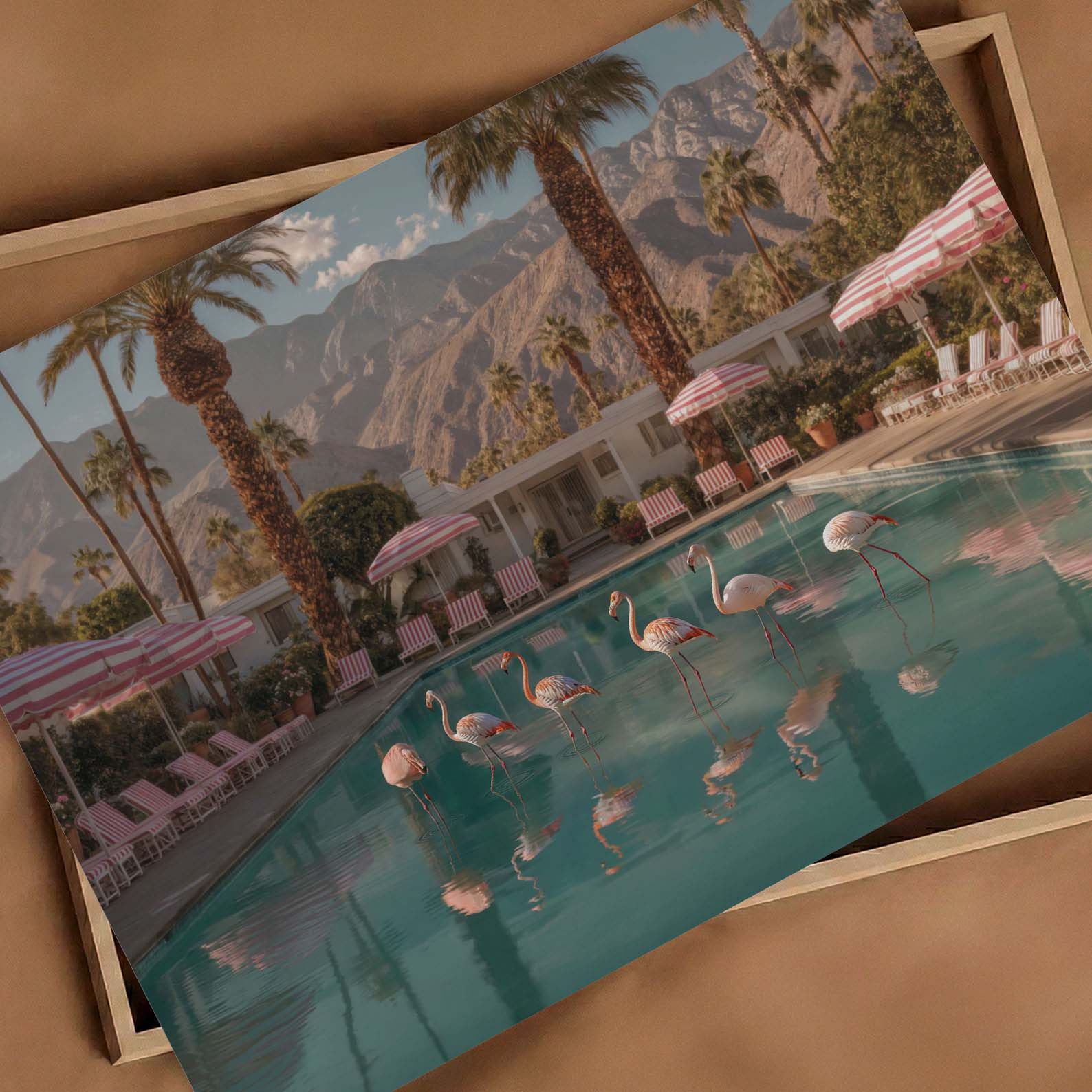 Flamingos In The Pool, Horizontal, Art Print