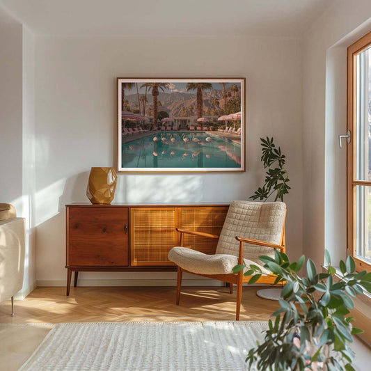 Flamingos In The Pool, Horizontal, Framed Art