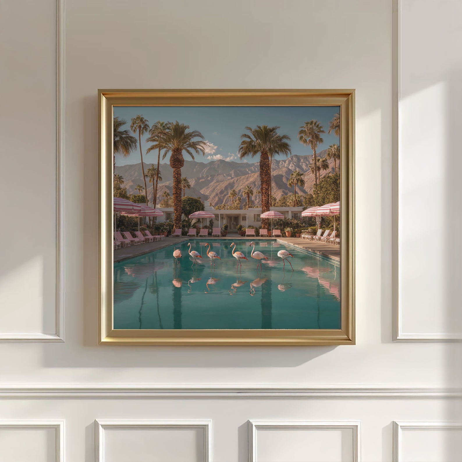 Flamingos In The Pool, Square, Wall Art