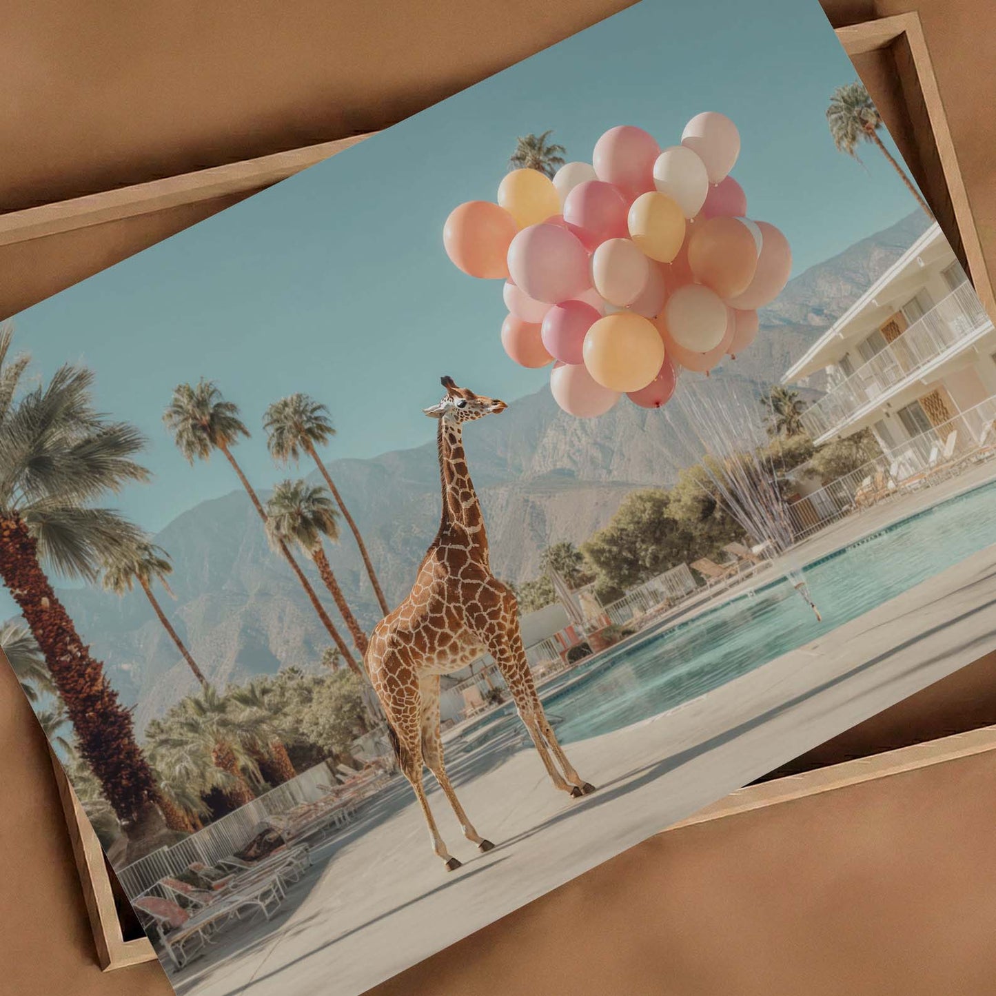 Giraffe And Balloons, Horizontal, Art Print