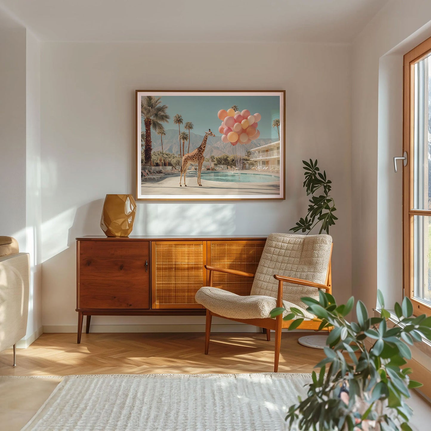 Giraffe And Balloons, Horizontal, Framed Art