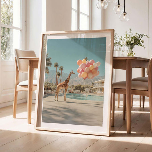 Giraffe And Balloons, Vertical, Framed Art