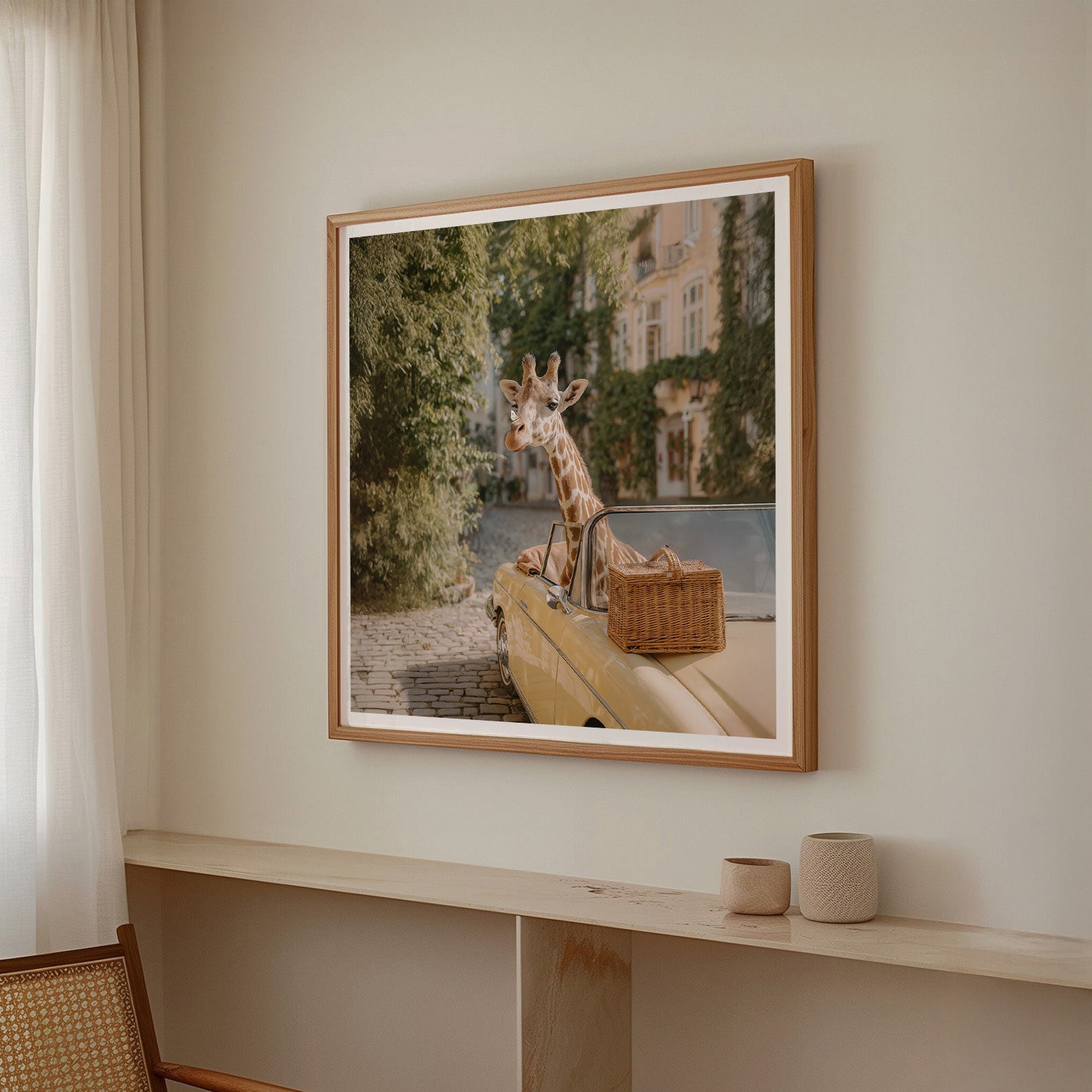 Giraffe And Butterfly, Square, Framed Art