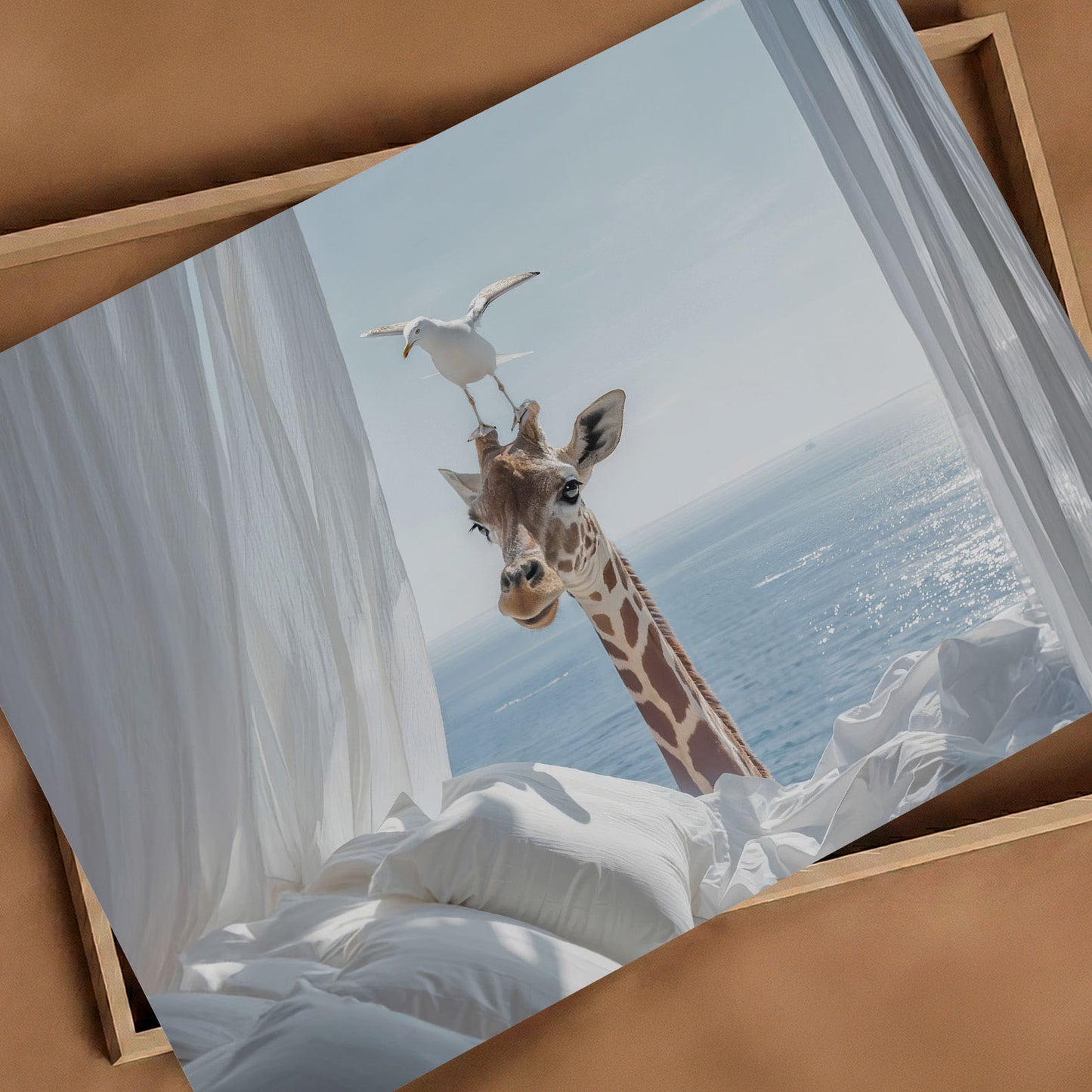 Giraffe And Seagull, Horizontal, Art Print