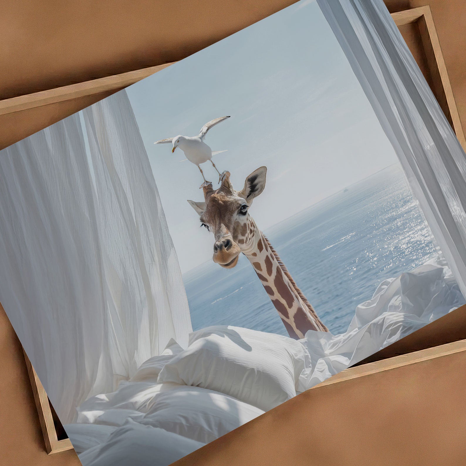 Giraffe And Seagull, Horizontal, Art Print