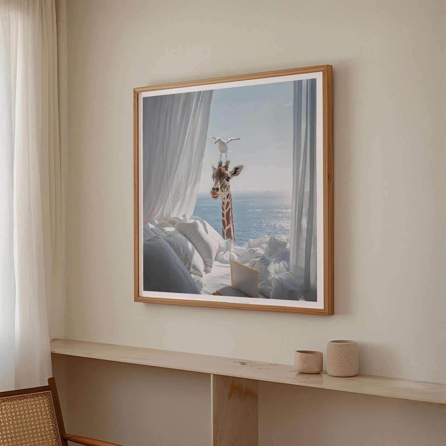 Giraffe And Seagull, Square, Framed Art