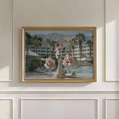 Giraffe By The Pool, Horizontal, Wall Art