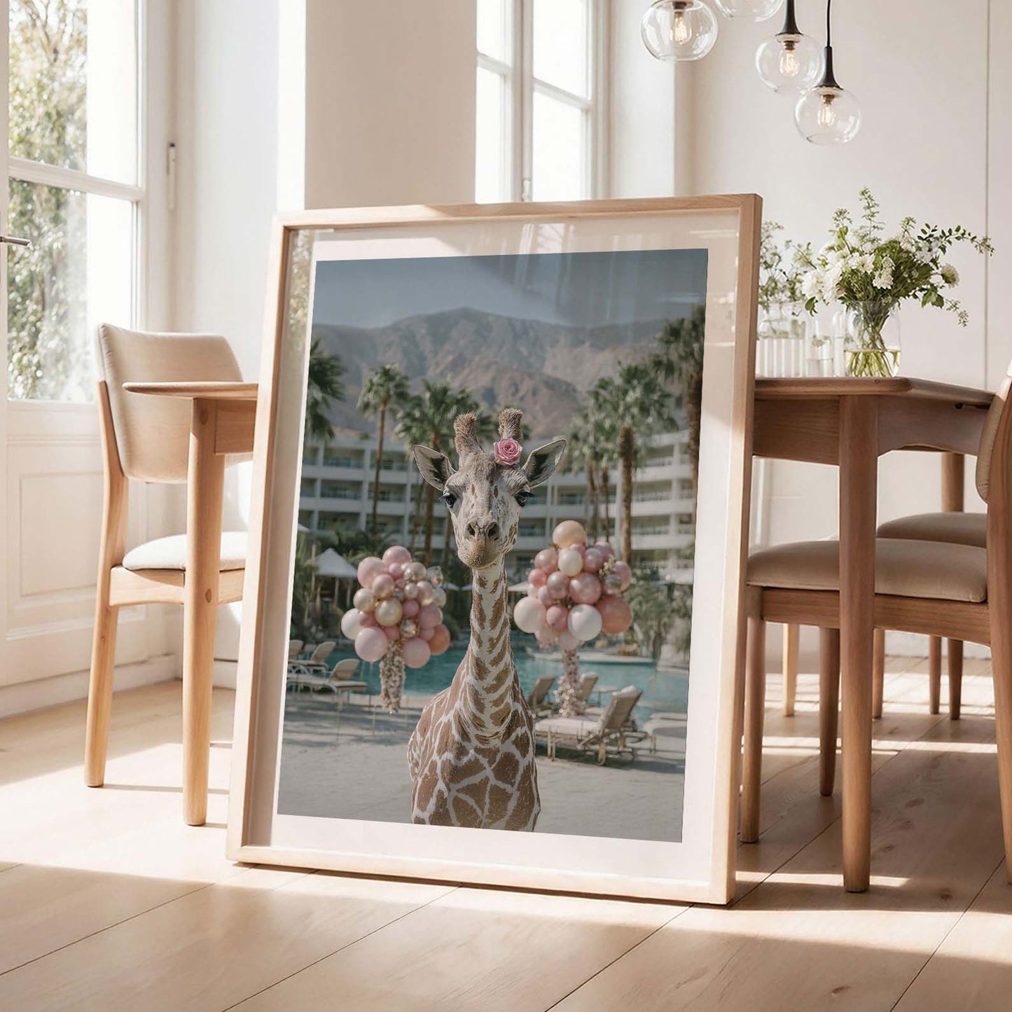Giraffe By The Pool, Vertical, Framed Art