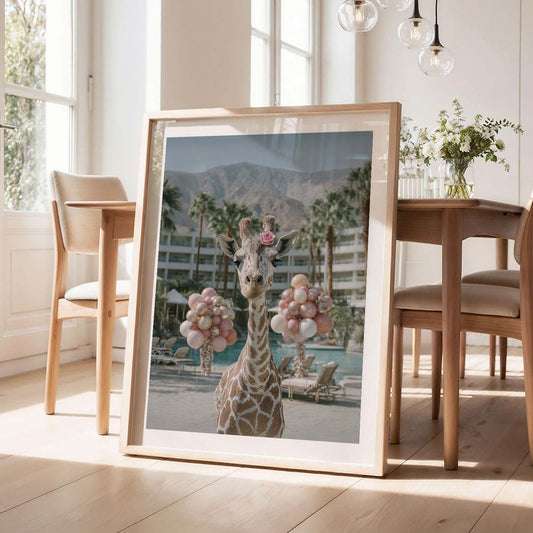 Giraffe By The Pool, Vertical, Framed Art