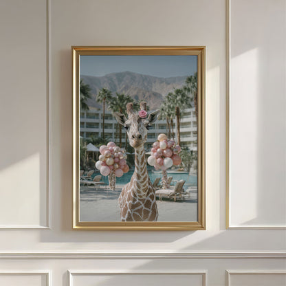 Giraffe By The Pool, Vertical, Wall Art