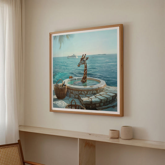 Giraffe In Hot Tub, Square, Framed Art