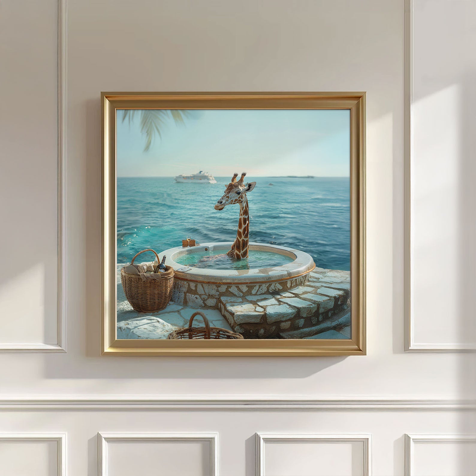 Giraffe In Hot Tub, Square, Wall Art