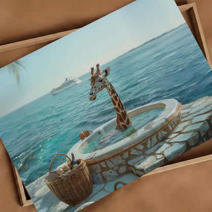 Giraffe In Hot Tub, Horizontal, Art Print