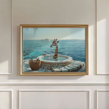 Giraffe In Hot Tub, Horizontal, Wall Art