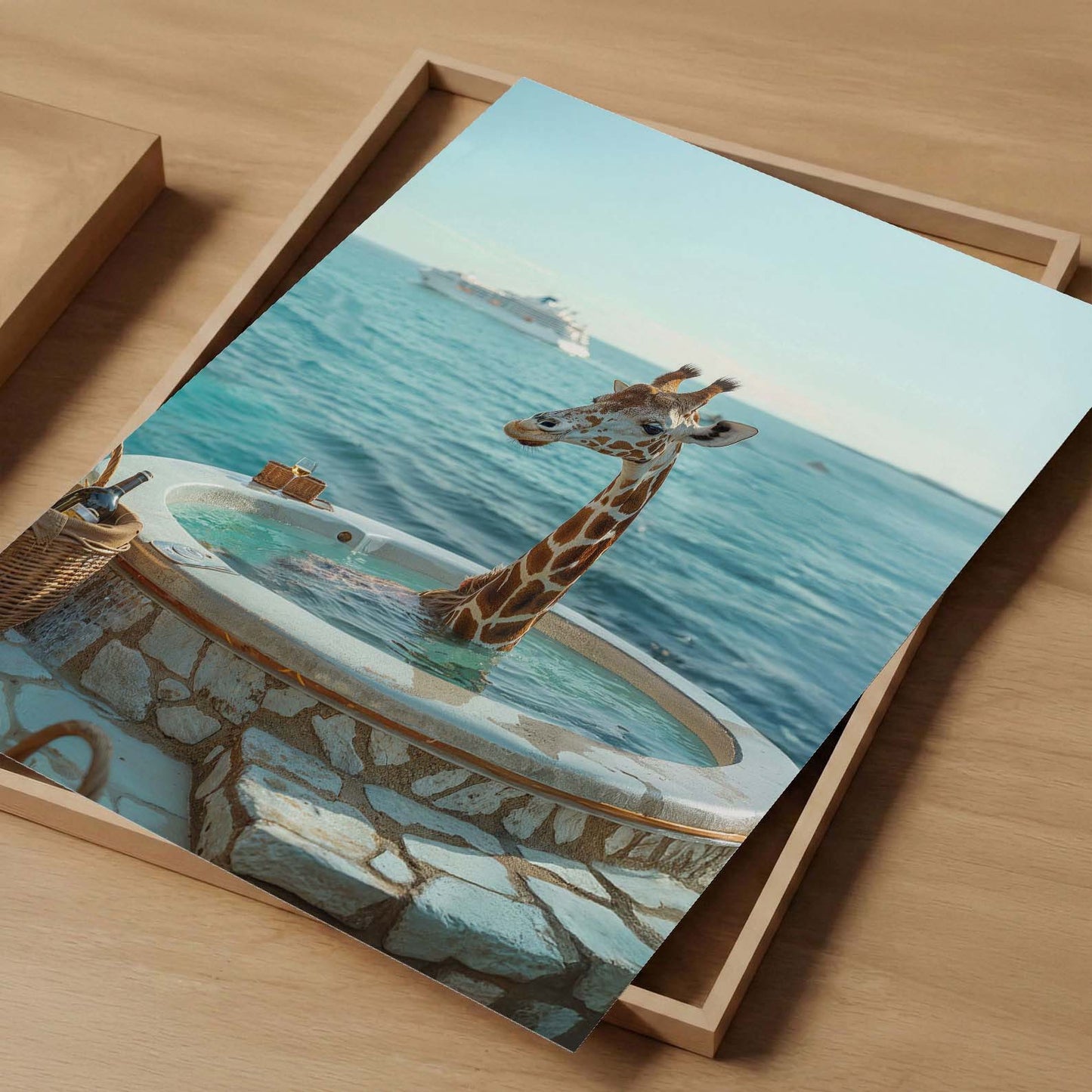 Giraffe In Hot Tub, Vertical, Art Print