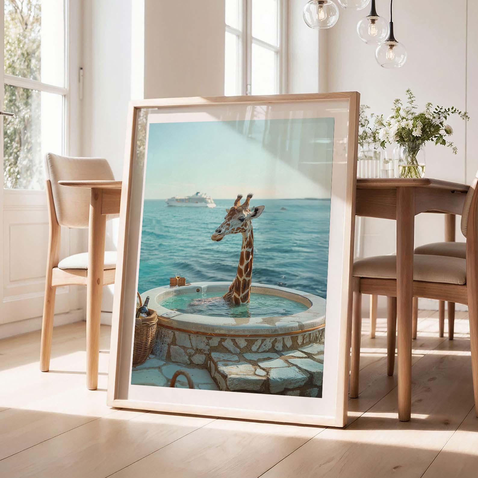 Giraffe In Hot Tub, Vertical, Framed Art