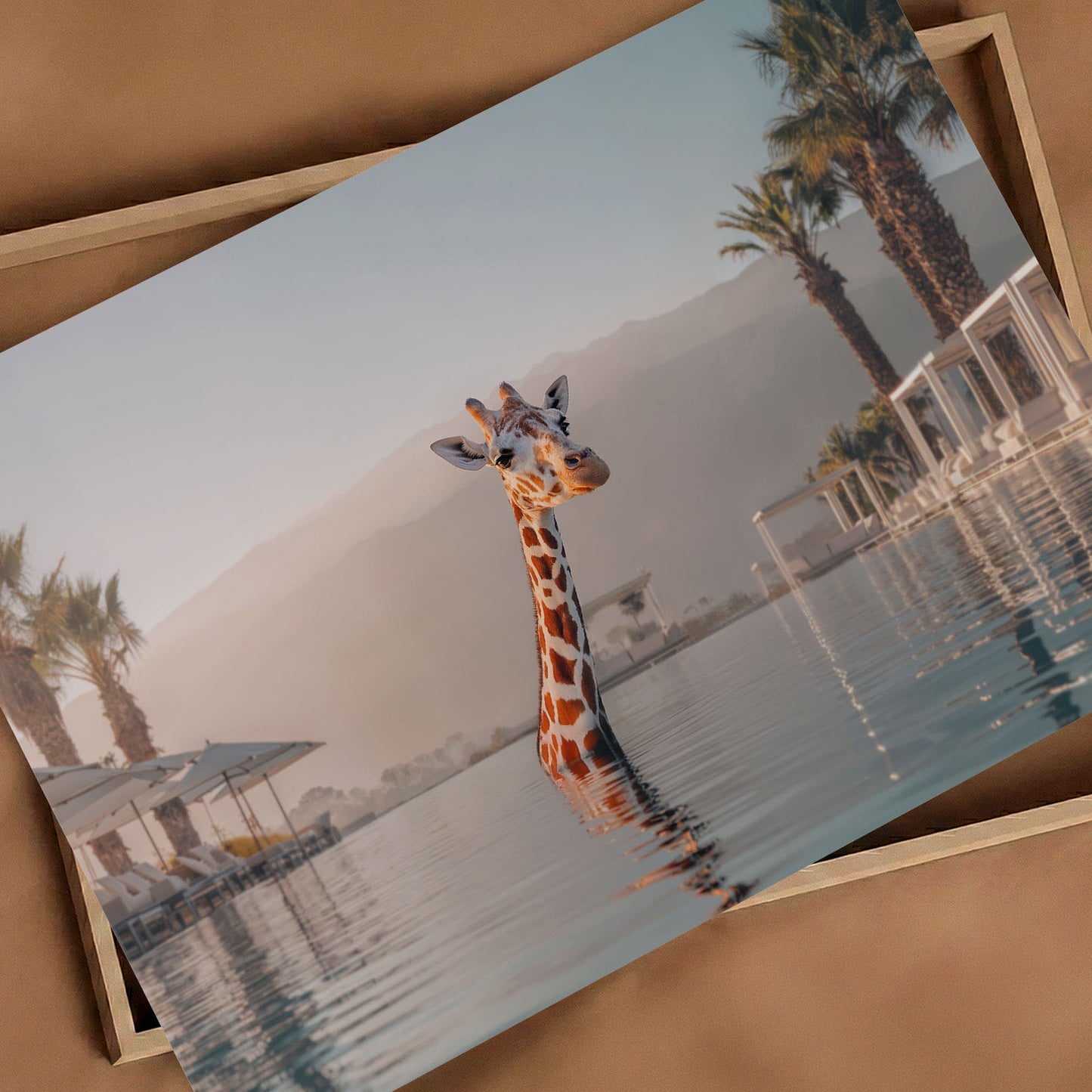 Giraffe In Infinity Pool I, Horizontal, Art Print