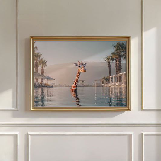 Giraffe In Infinity Pool I, Horizontal, Wall Art
