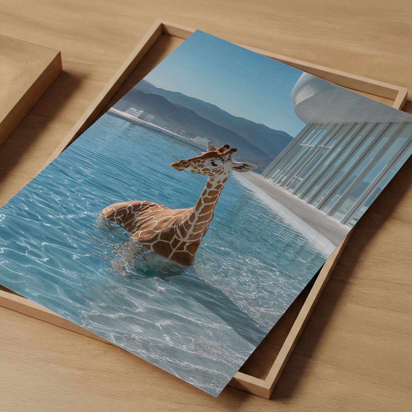 Giraffe In Infinity Pool, Vertical, Art Print