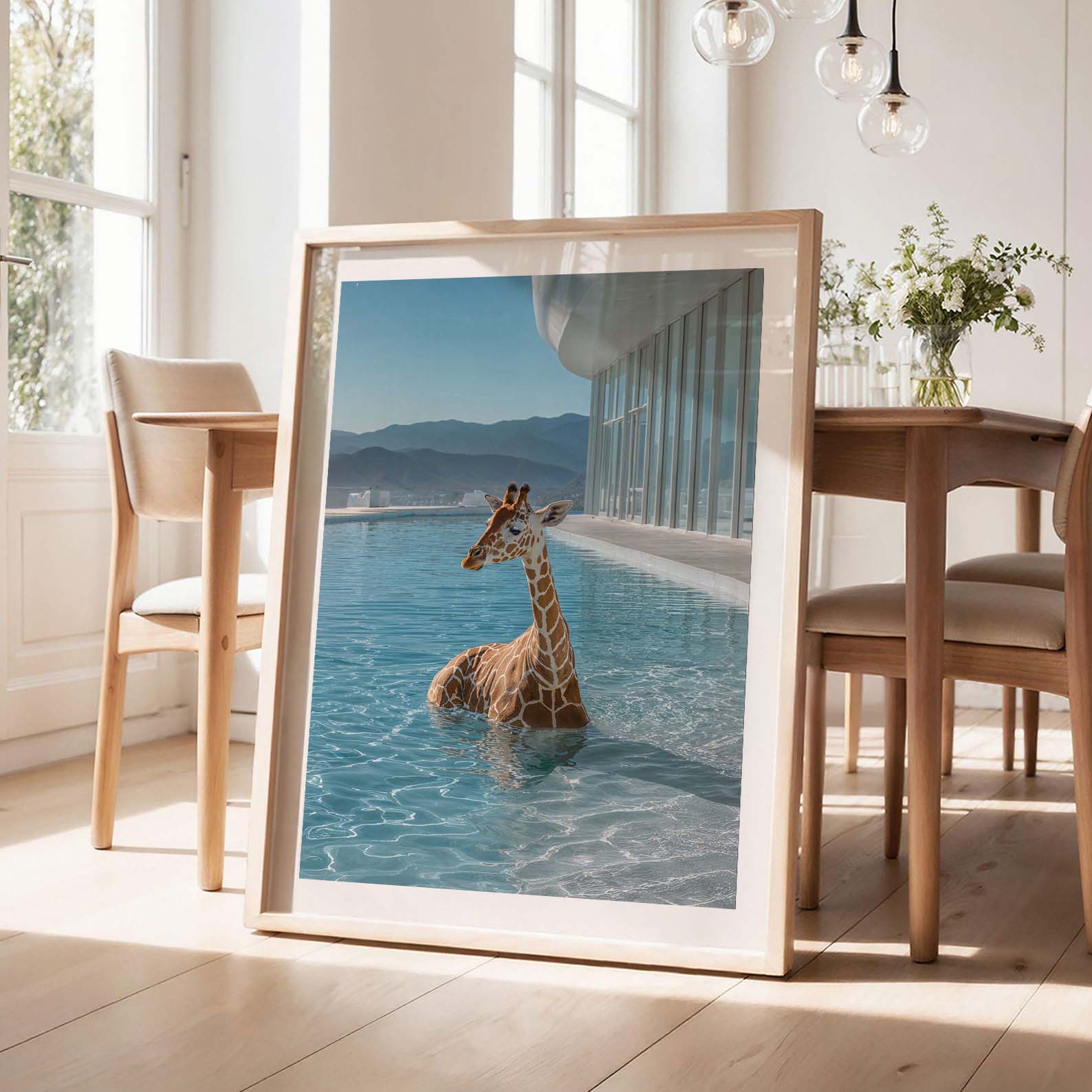 Giraffe In Infinity Pool, Vertical, Framed Art