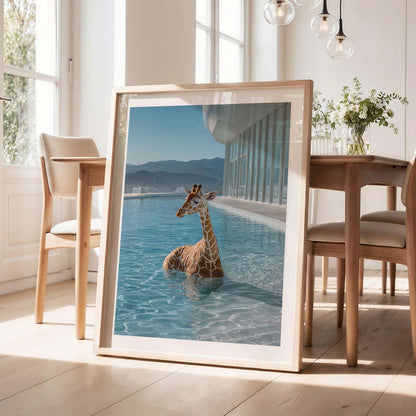 Giraffe In Infinity Pool, Vertical, Framed Art